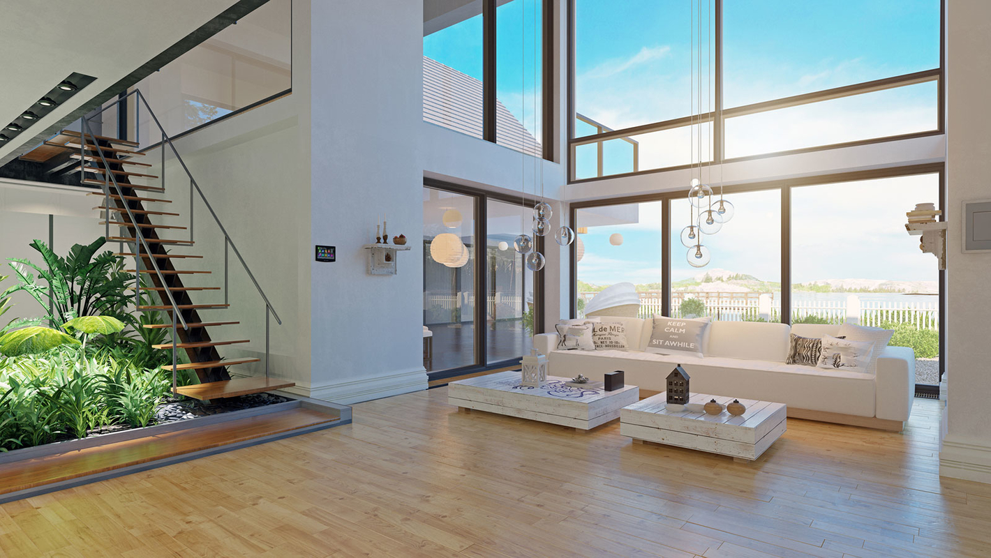 Living room with a big windows facing to the lake