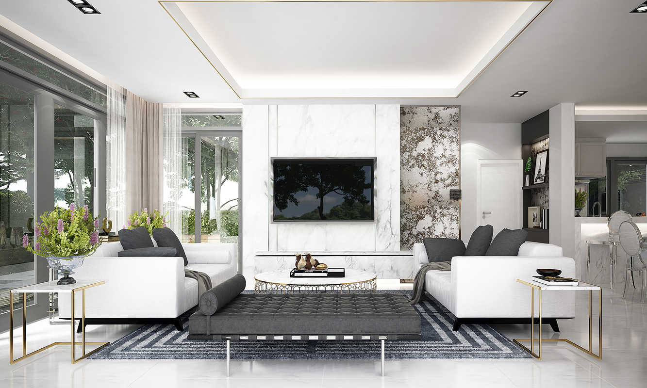 A living room themed with white and gray colors